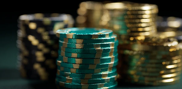 Golden casino coins scattered on green surface CrownGreen